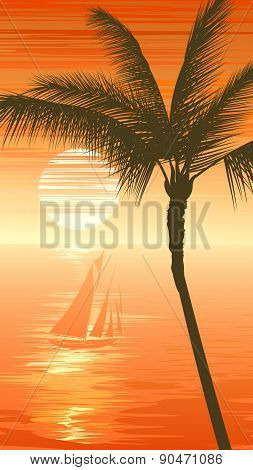 Palm Tree On Sunset Sea Background With Yacht.