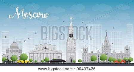 Moscow City Skyscrapers and famous buildings in grey color Vector illustration