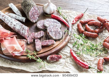 Different Kinds Of Sausage On The Wooden Background