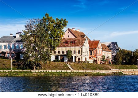 Trinity Suburb medieval part of Minsk view over Svisloch River. Belarus
