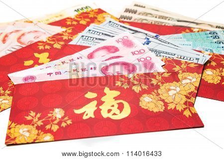 Red Packets With Good Fortune Character And Various Currency Notes