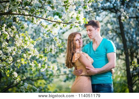 Young beautiful couple in love among apple trees