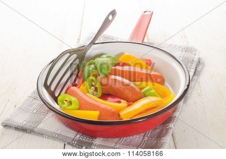 Debreziner Sausage With Green Paprika And Red Bell Pepper