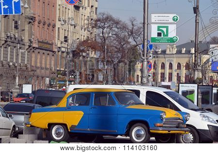 KIEV , UKRAINE - NOV 1, 2015. Exterior of the vintage Soviet car GAZ-21 Volga with folk stile tuning on November 1, 2015 in Kiev, Ukraine