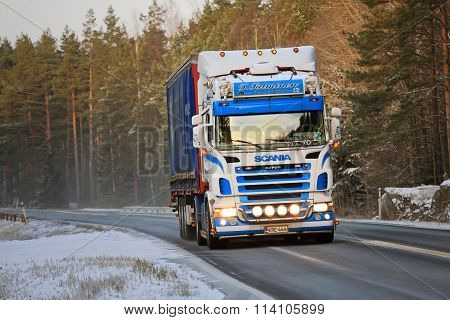 Colorful Scania Semi Truck On Winter Road