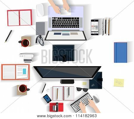 business office worker people on job at the table with laptop computer coffee icons vector il
