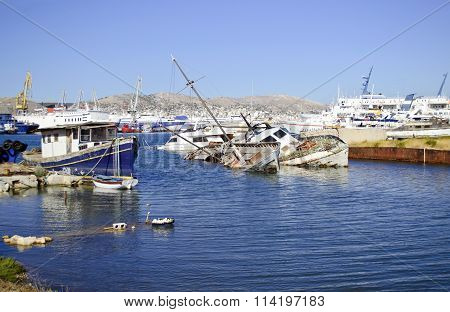 sunk boats at Salamis island Greece