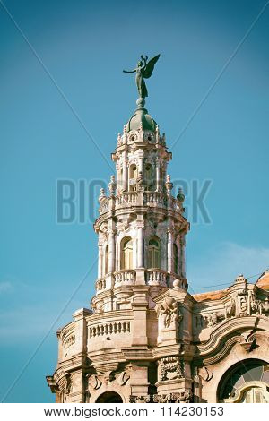 Detail of Lorca Theater building with statue in Havana, Cuba
