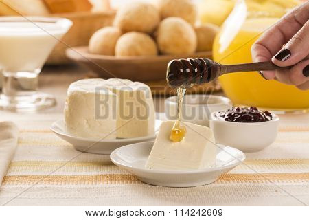 Brazilian Sheep Cheese. Fruits And Different Types Of Cheese In The Background.