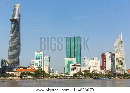 HO CHI MINH, VIETNAM - JAN 11, 2016: Views of the city from the Saigon River. Saigon River (the length of 256 kilometers) is most important to Ho Chi Minh City as it is the main water supply.