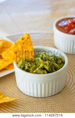 Mexican Nachos. Homemade Mexican Salsas With Corn Chips