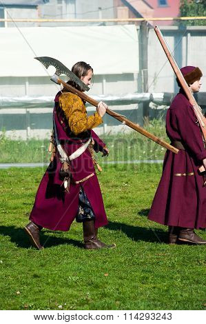 Reenactors in 18th century russian army uniform
