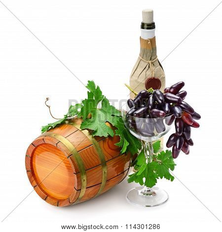 Wine Barrel, Bottle And Glass
