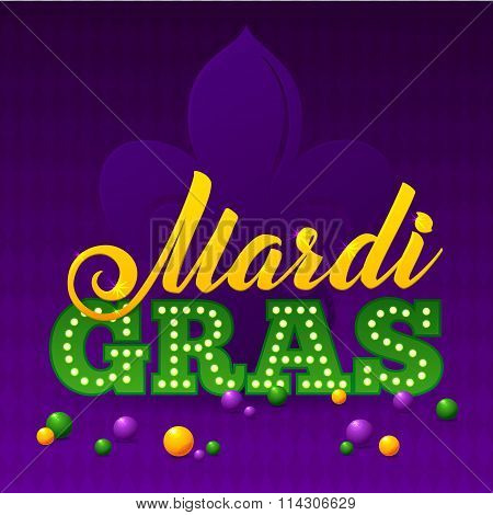 Mardi Gras Party Poster. Calligraphy And Typography Card. Beads And Fleur De Lis Symbol. Holiday Pos