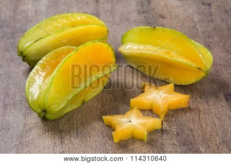 Some Caramboles In A Basket Over A Wooden Surface