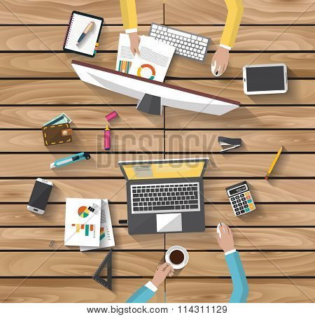 Workplace Many Peopole Table Of Wood