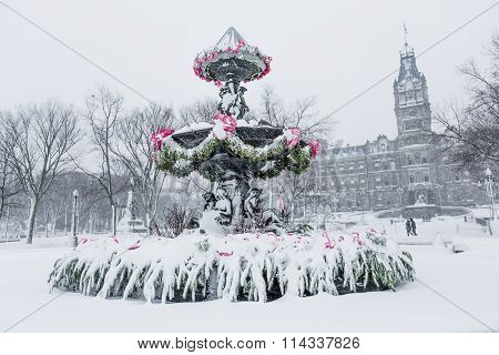 Tourny fountain Convention center in winter snowstorm