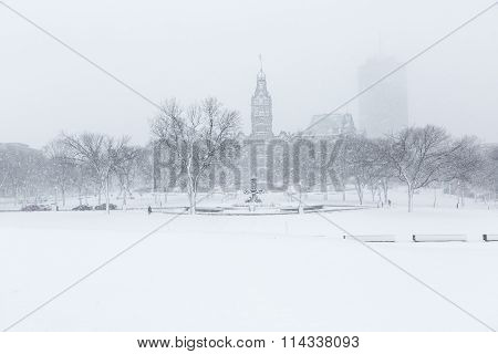 Tourny fountain Convention center in winter snowstorm