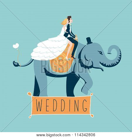 Bride and groom on an elephant