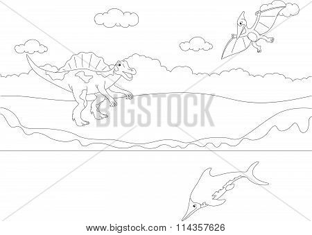 Funny Cute Pterodactyl, Ichthyosaur And Spinosaurus. Educational Game For Kids. Coloring Book