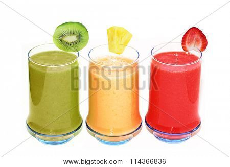 Three smoothie glasses isolated on white background