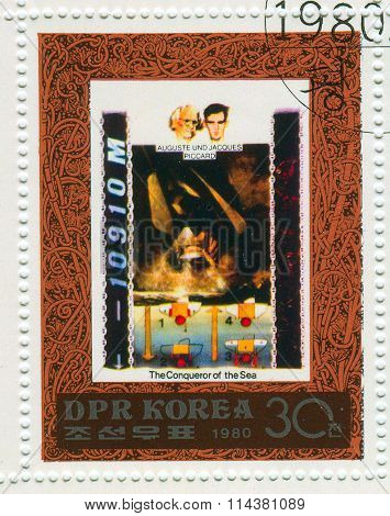GOMEL,BELARUS - JANUARY 2016: A stamp printed in North Korea shows image of the Conqueror of the Sea, circa 1980.