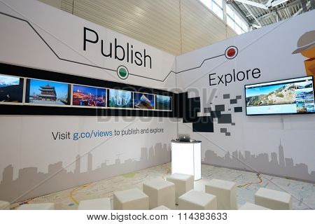 COLOGNE, GERMANY - SEPTEMBER 19, 2014: inside of Cologne Exhibition Centre during Photokina exhibition. The Photokina is the world's largest trade fair for the photographic and imaging industries