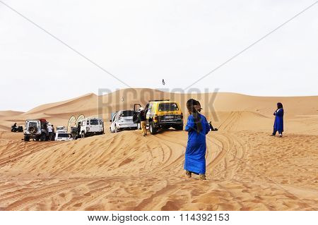 ERG CHIGAGA, SAHARA DESERT, MOROCCO, OCTOBER 24 2015: All wheel drive vehicles at a rally in Shara Desert, Morocco, Africa