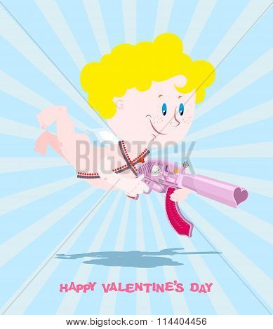 Valentines Day. Valentine. Cupid And Weapons. Love Gun. Little Angel With Wings. Cute Chubby Boy Wit