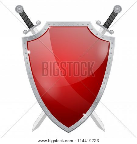 Shield With Swords. Glass Shield With Metal Frame And Rivets.