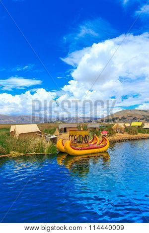 Totora boat on the Titicaca lake near Puno, Peru