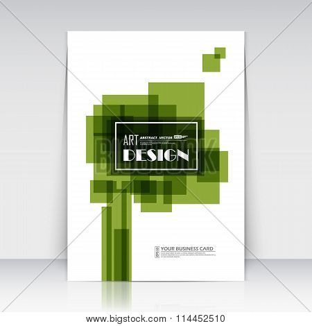 Abstract composition. Green square blocks. Rectangle text frame icon. Quadrate logo, trademark style. A4 brochure title page. Creative ad construction. Official banner font. Minimalistic modern flyer
