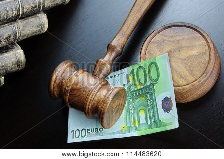 Judges Gavel And Euro Cash  On The Black Table