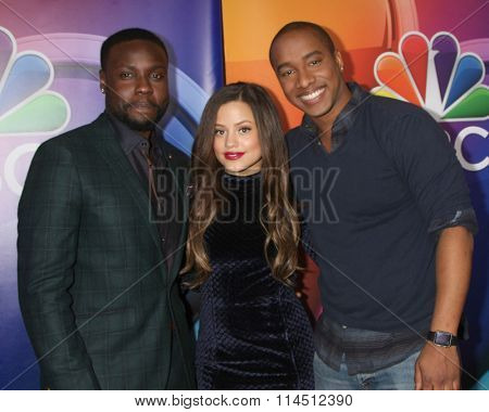 LOS ANGELES - JAN 13:  Dayo Okeniyi, Sarah Jeffery, Hampton Fluker at the NBCUniversal TCA Press Day Winter 2016  at the Langham Huntington Hotel on January 13, 2016 in Pasadena, CA