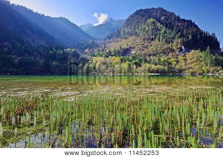Horské jezero ráno v Jiuzhaigou Valley, Sichuan, Čína