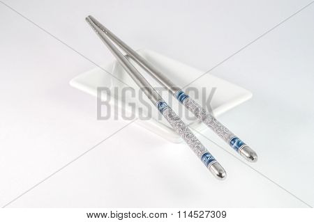 Stainless Steel Chopsticks Isolated On White Background