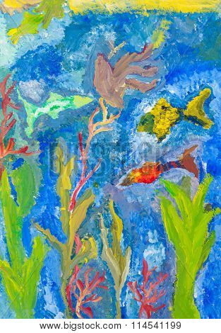 Fishes And Seaweeds In Sea By Watercolor