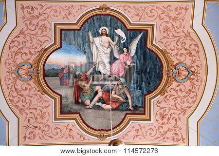 STITAR, CROATIA - AUGUST 27: The Resurrection of Jesus, fresco in the church of Saint Matthew in Stitar, Croatia on August 27, 2015