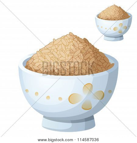 Bowl of brown rice isolated on white background. Detailed Vector Icon