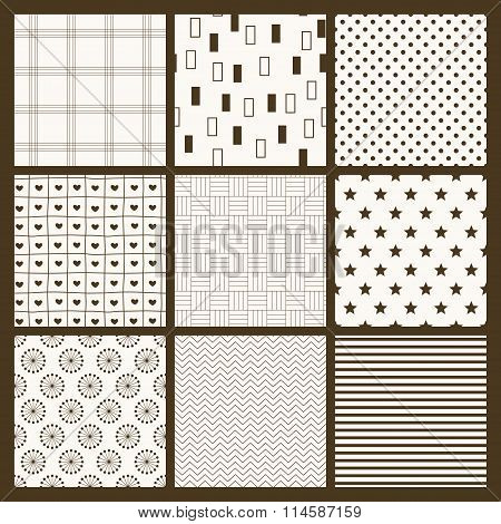 Set of 9 simple seamless monochrome patterns