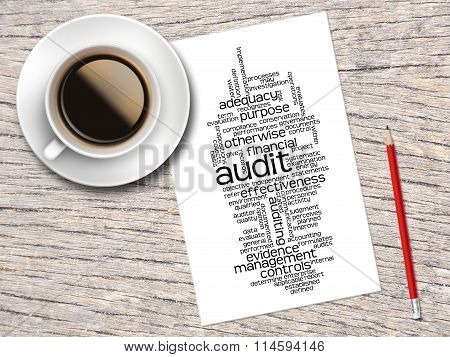 Coffee, Pencil And A Note Contain Word Clouds Of Audit And Its Related Words