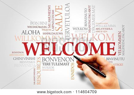 Welcome word cloud in different languages business concept