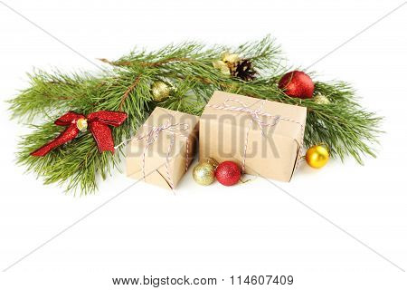 Christmax Tree Branch With Baubles, Gift Boxes On White Background