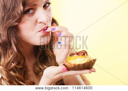 Closeup Flirty Woman Eating Fruit Cake