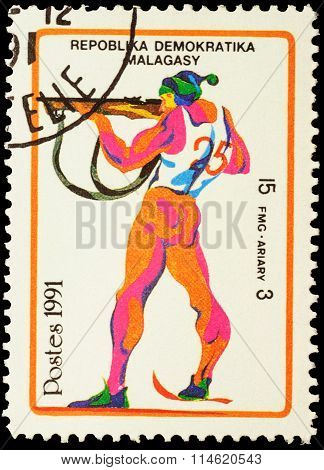 Colored Picture Of Shooting Skier On Post Stamp