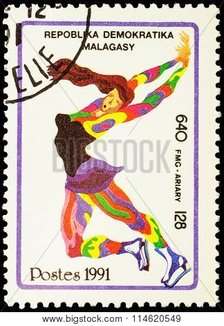 Colored Picture Of Figure Skater On Post Stamp