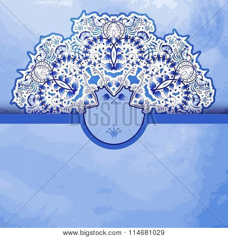 Template Greeting Card Or Invitation With A Blue Watercolor Background And A Half Circle With Floral