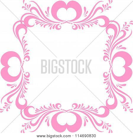 Stylized pink picture frame, with ornate pattern, and hearts for Valentine's day. Frame for photo