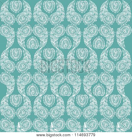 Calm ornament of stylized ornate white feathers on a turquoise background