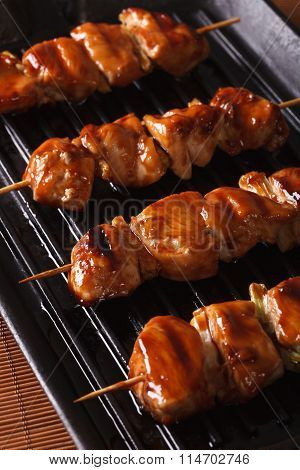 Cooking Chicken Yakitori Of Grilled. Closeup Vertical
